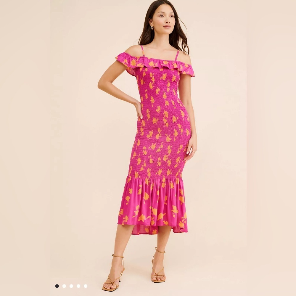 Anthropologie Smocked Off-The-Shoulder Midi Dress Sz M Pink Orange